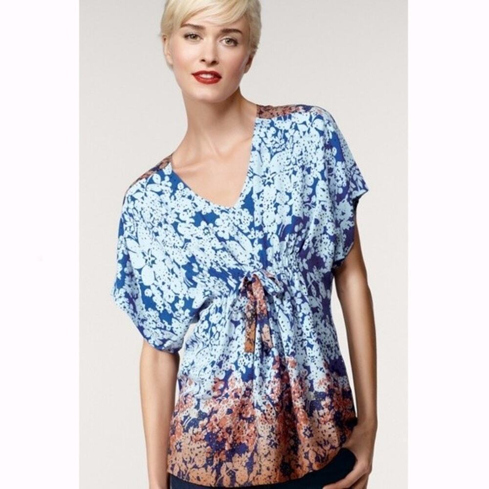 Cabi Top Medium Floral Ombre Dolman Sleeve Tie Front Blue Orange 891
